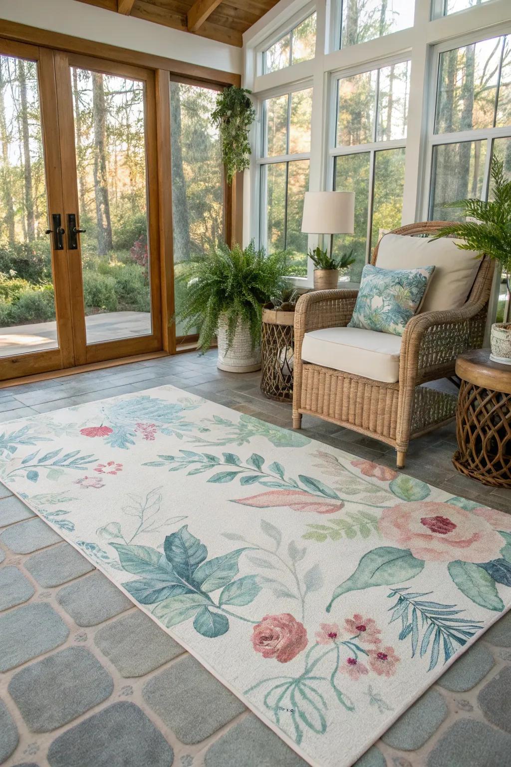 Floral watercolor rugs create a serene and artistic atmosphere.