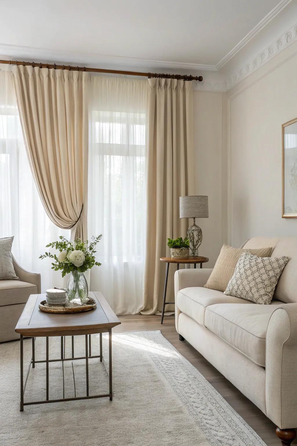 Achieve chic simplicity with neutral-toned valances in your living room.