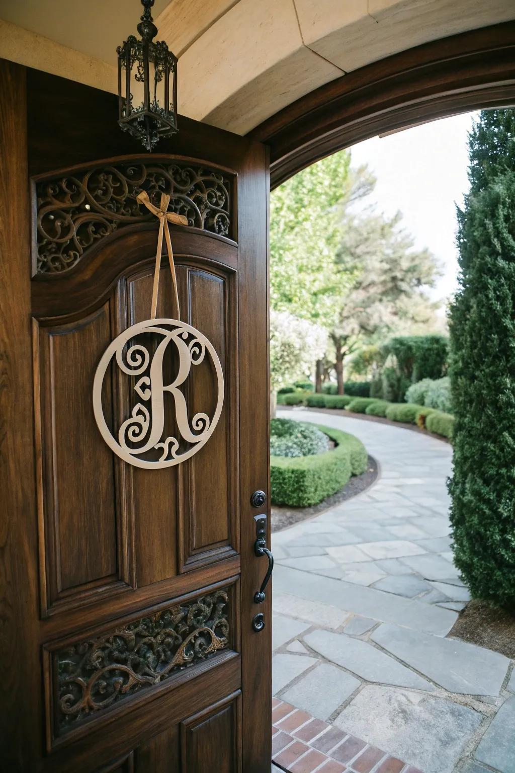 An elegant monogrammed door decoration that personalizes your entrance.