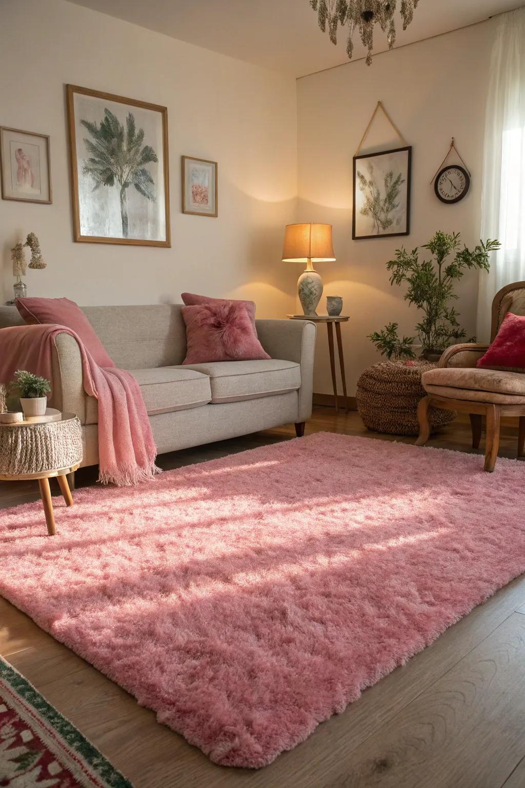 A roseate rug stabilizes the room and adds relaxation.