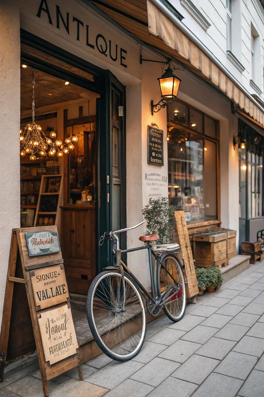 A storefront enhanced with vintage finds, creating a nostalgic charm.