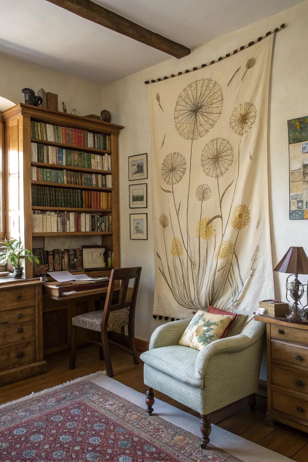 Art created with textiles contributes comfort and dimension to a room.