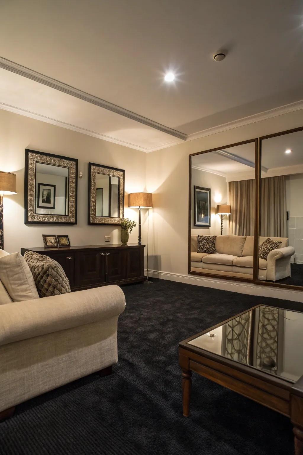 Reflective surfaces that brighten a space with dark carpet.