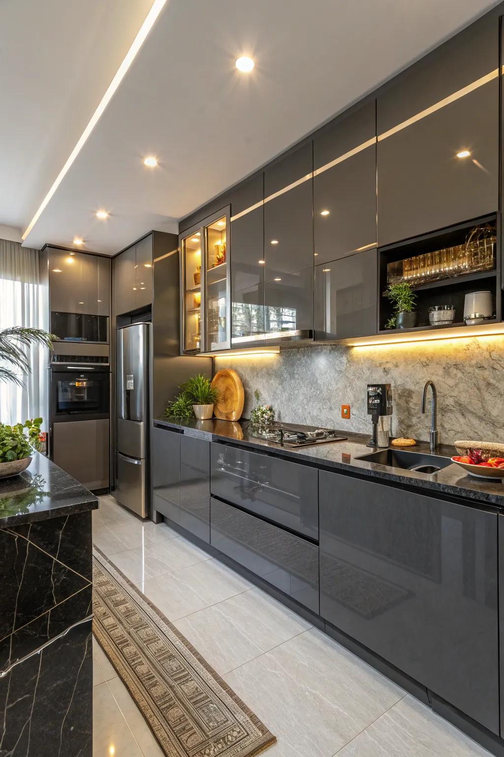 Glossy finish on deep charcoal cabinets enhancing light and space.