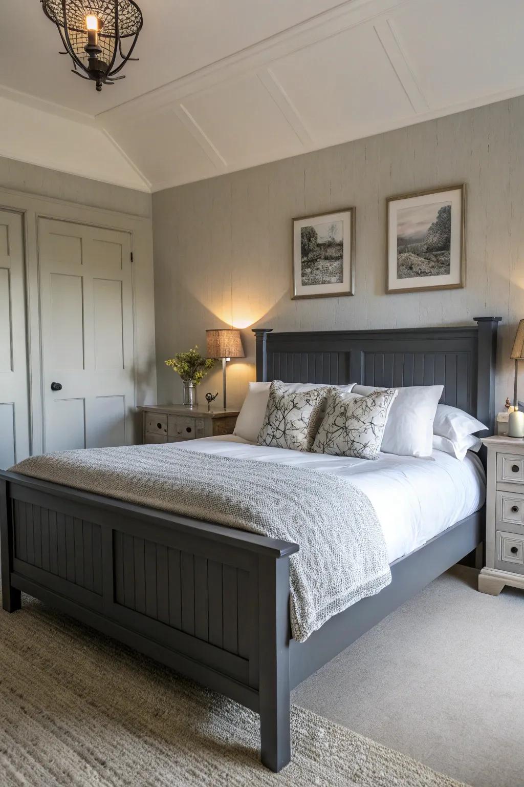A deep charcoal bed frame is given a fresh contrast by white elements.