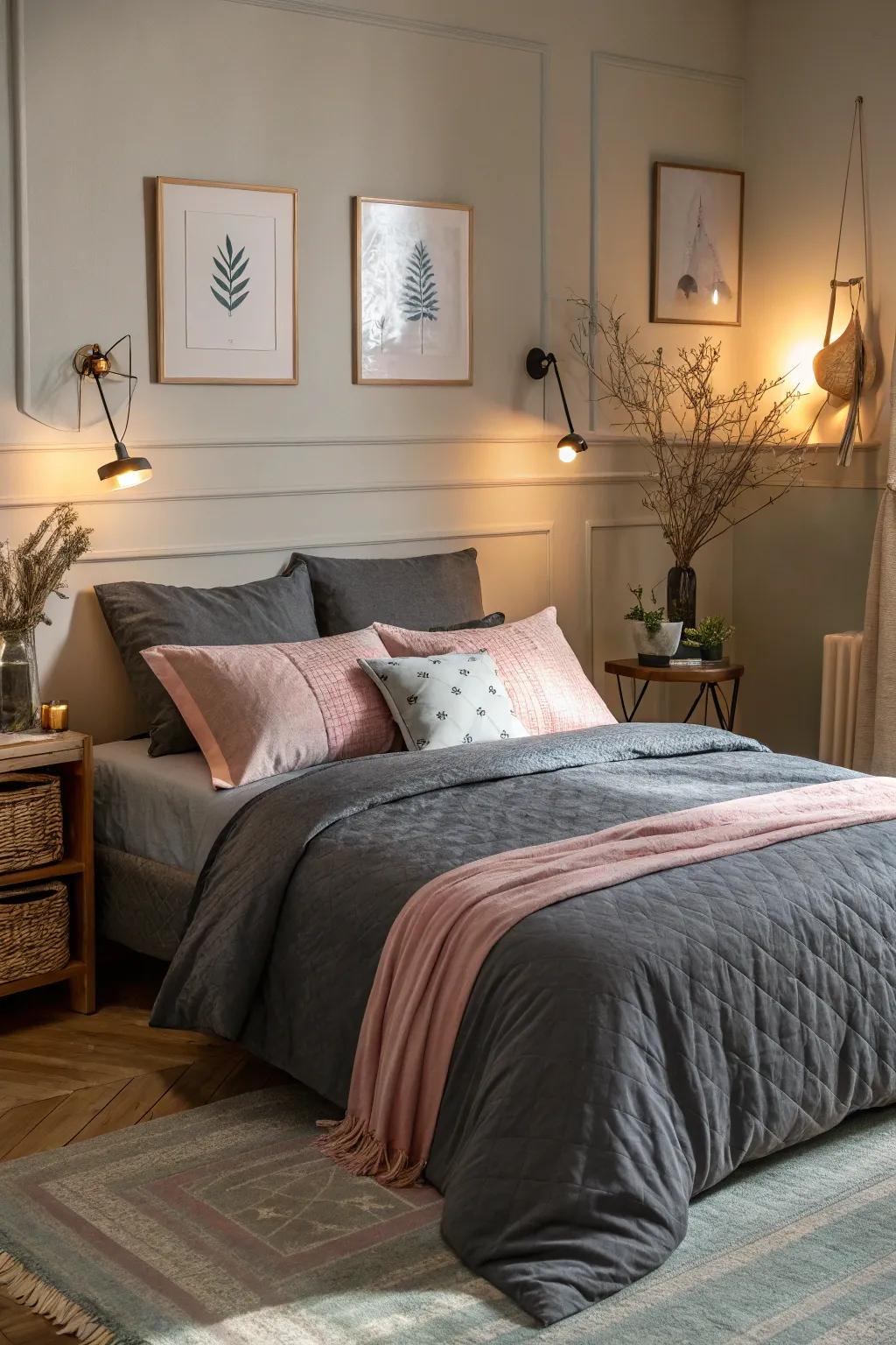 Soft-toned touches soften and enhance deep charcoal bedding.