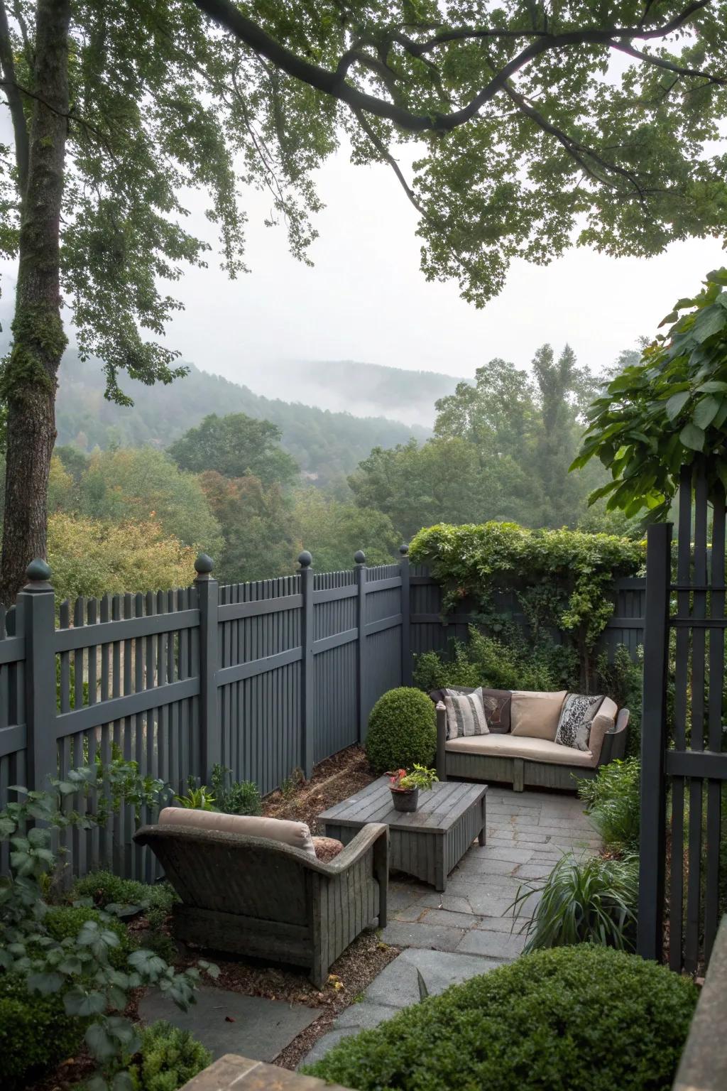 A secluded garden retreat featuring a deep charcoal barrier and lush foliage.