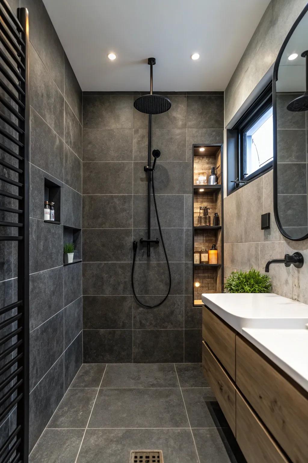 The striking allure of deep charcoal tiles is enhanced by black accents.