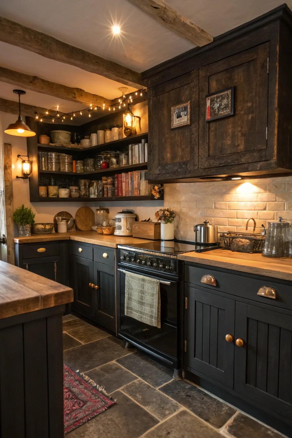 Deep wood cabinets offer rustic charm and warmth.