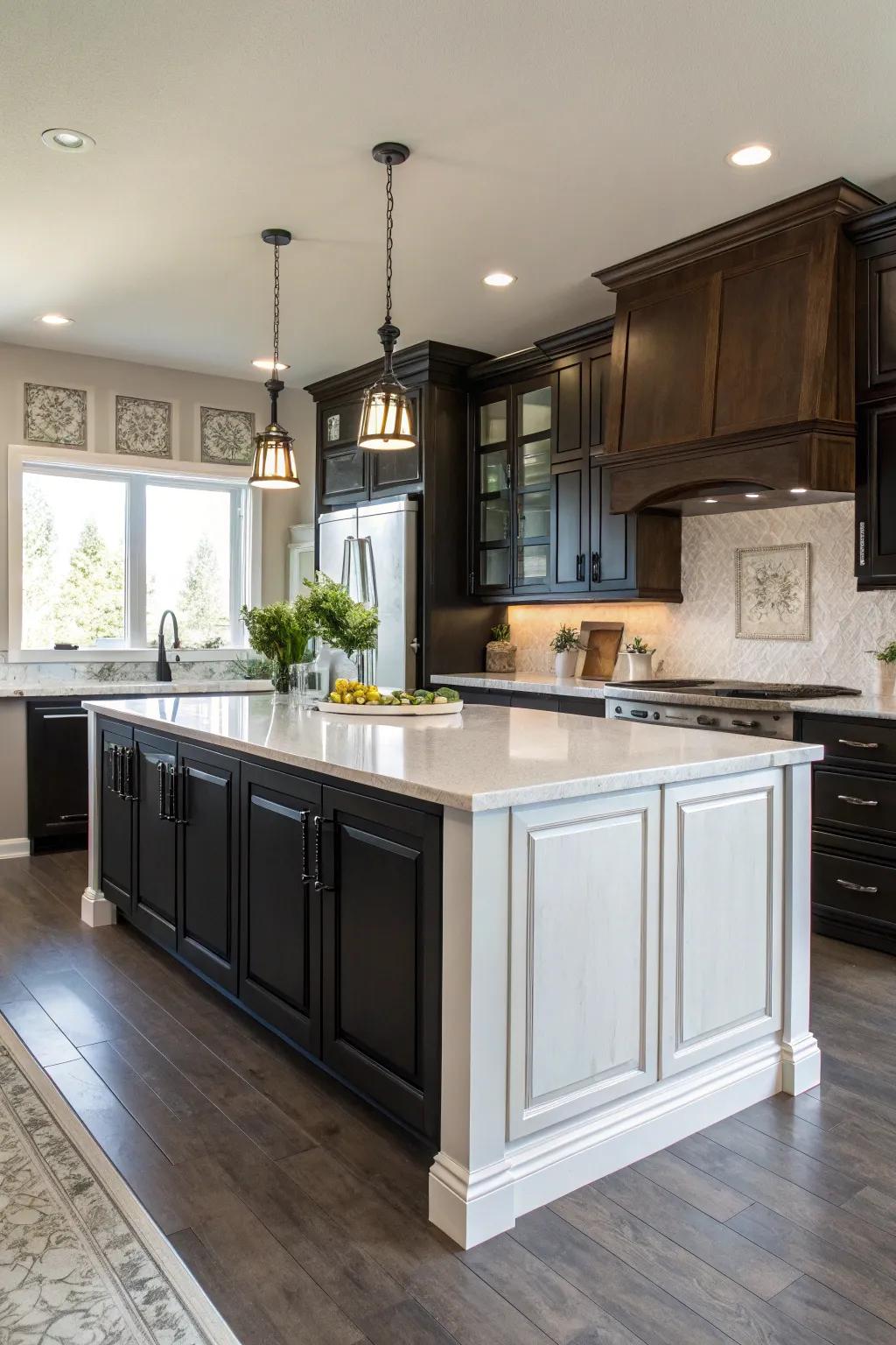 A contrasting kitchen island serves as a stylish focal point.