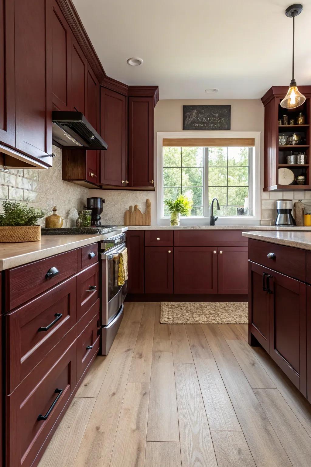 Bright kitchen with light flooring and dark red cabinets.