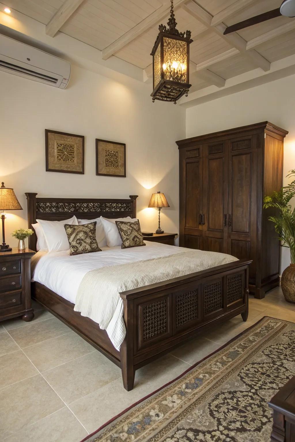 White features create balance in deep-toned wood environments.