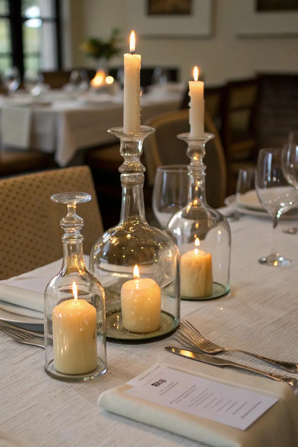 Vessels repurposed as candle holders for a cozy dining layout.