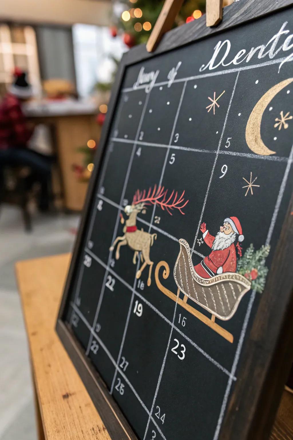 A magical chalkboard calendar featuring Santa's sleigh excursion.