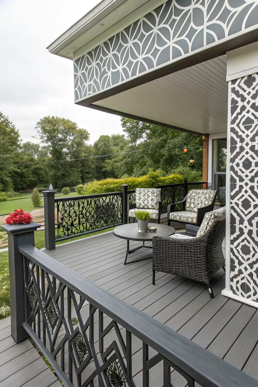 Symmetrical compositions in fascia infuse a contemporary, artistic nuance.