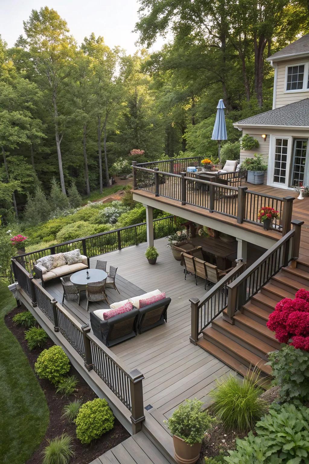 A multi-level arrangement delivers diverse spots for leisure and fun.