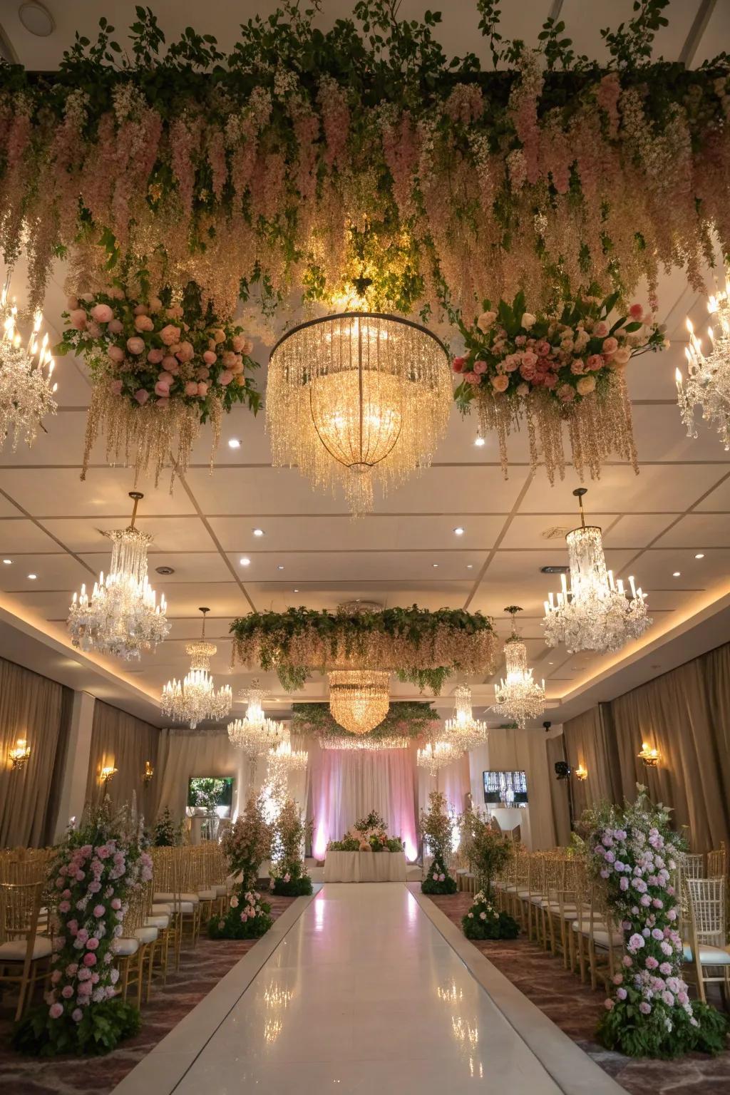 Stunning overhead ornamentation introducing a dramatic effect to a wedding location.