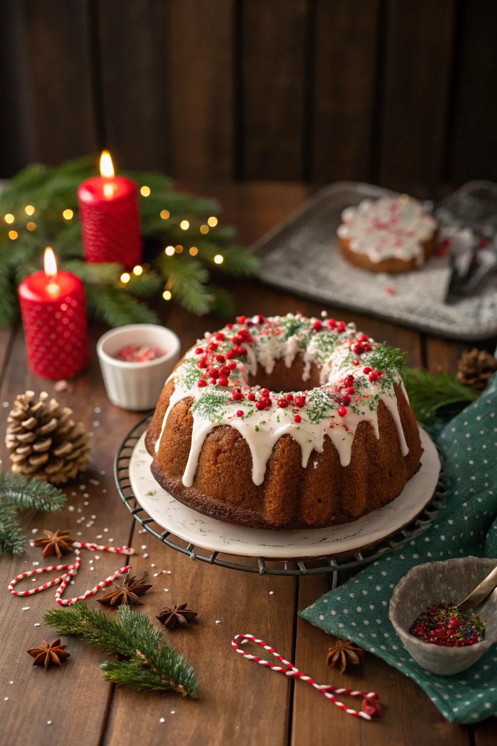 A holiday-themed bundt cake with festive decorations.