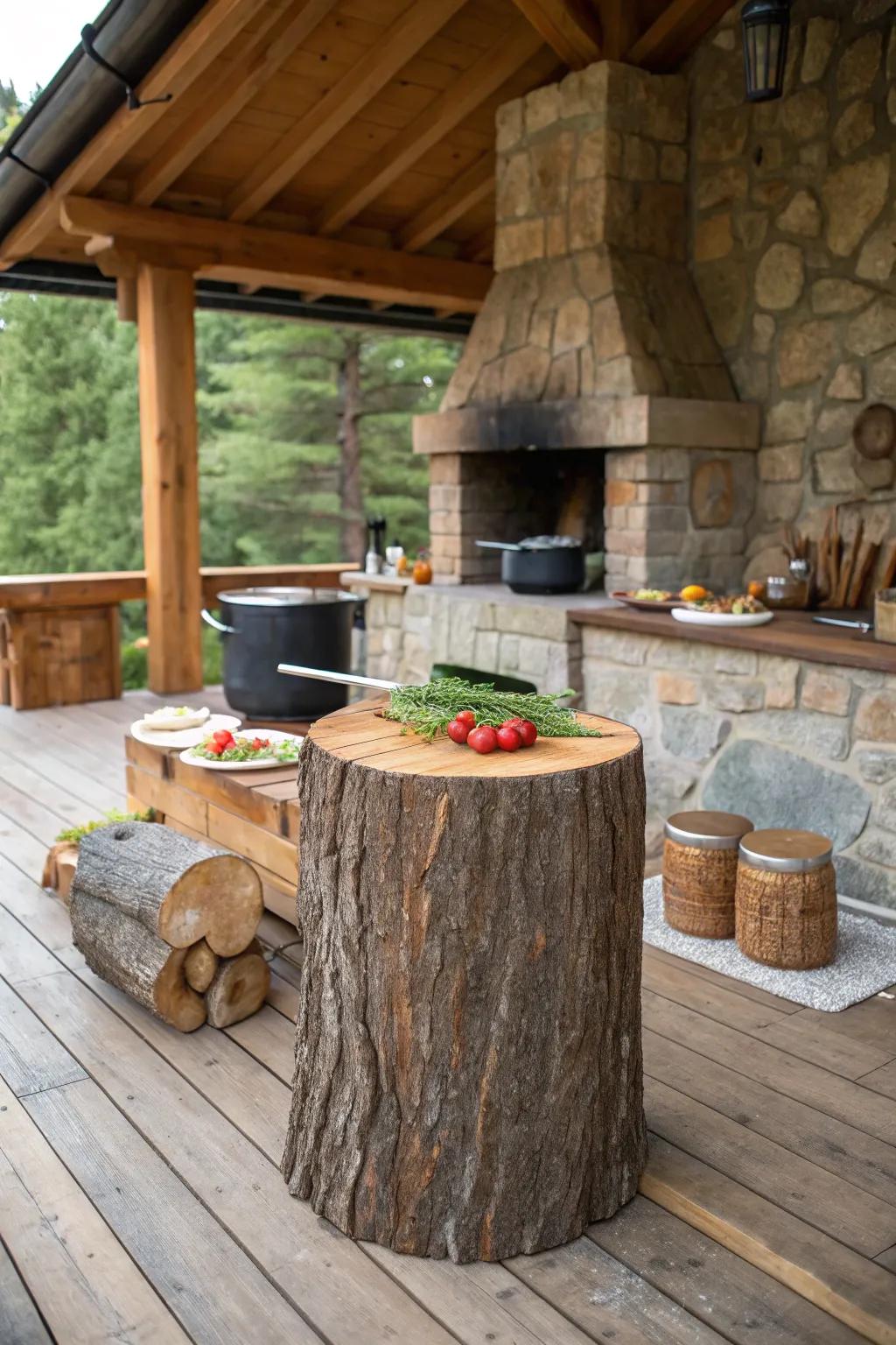Incorporate rustic function with a tree stump cutting block.