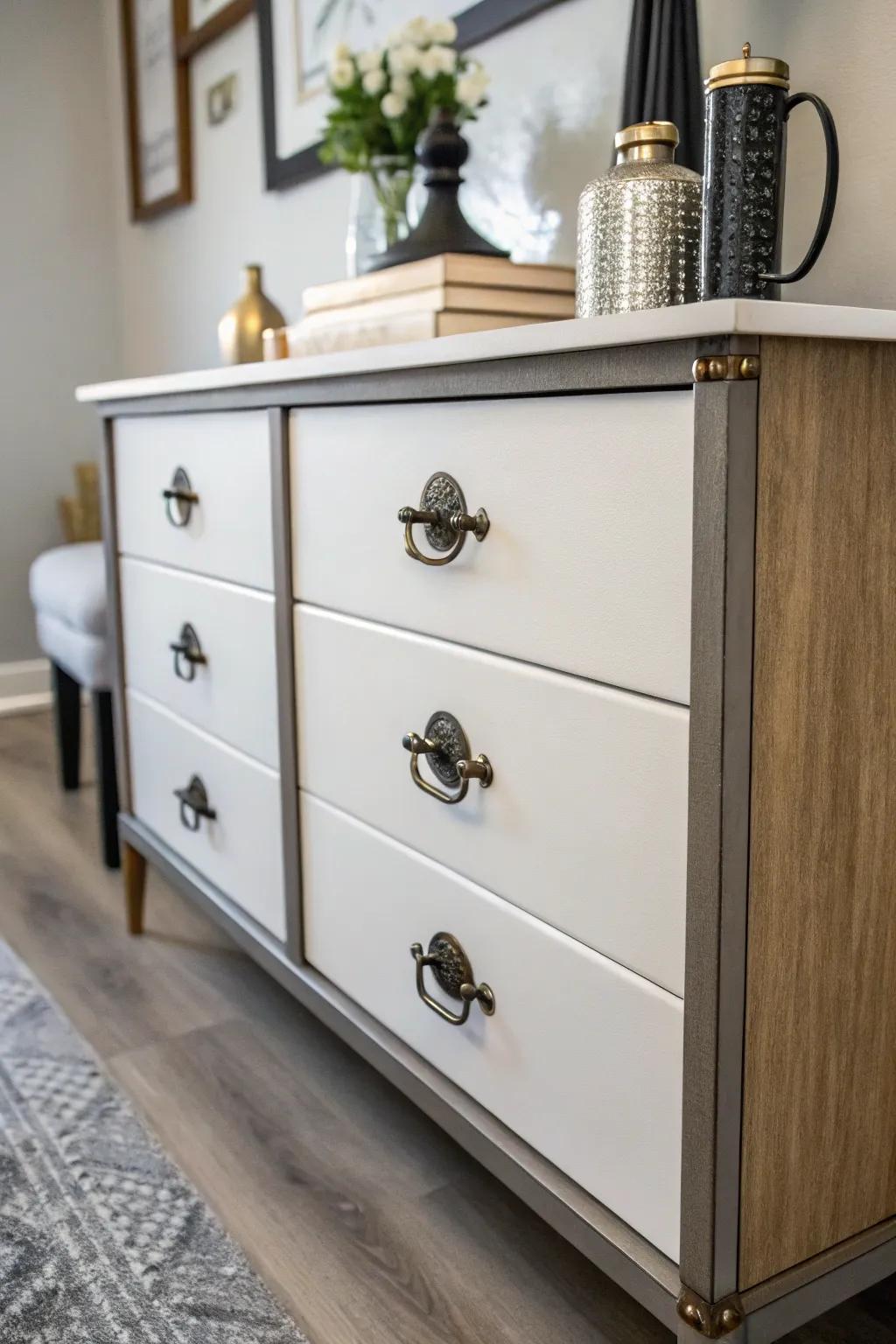 Vintage fixtures transform simple furniture into unique pieces.