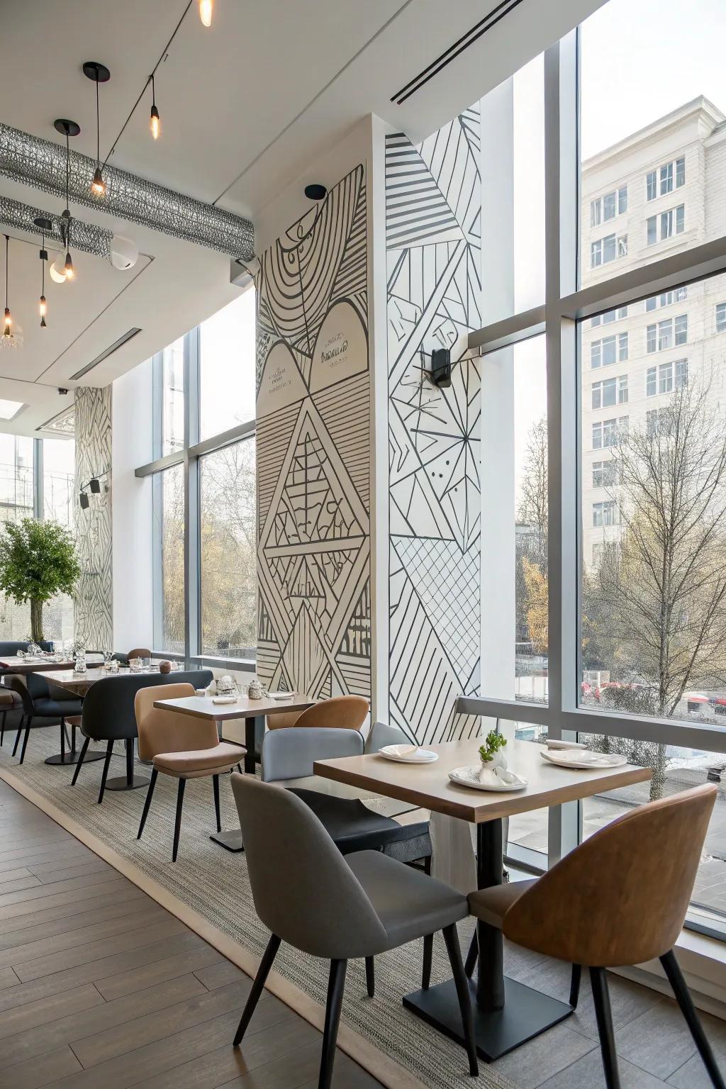 A modern dining area featuring geometric pattern drawings.