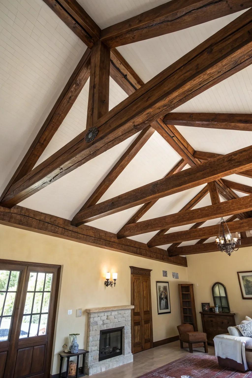 Painted beams create a striking contrast and add visual interest.