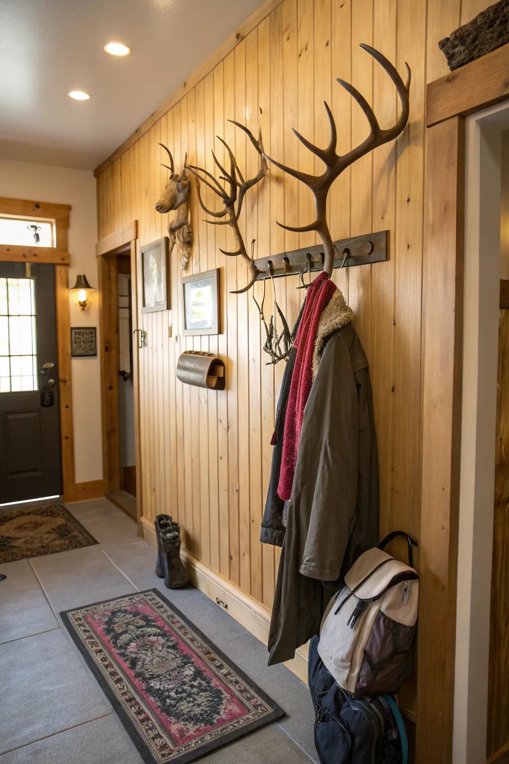 A rustic hanger made from deer antlers offers a stylish entryway solution.