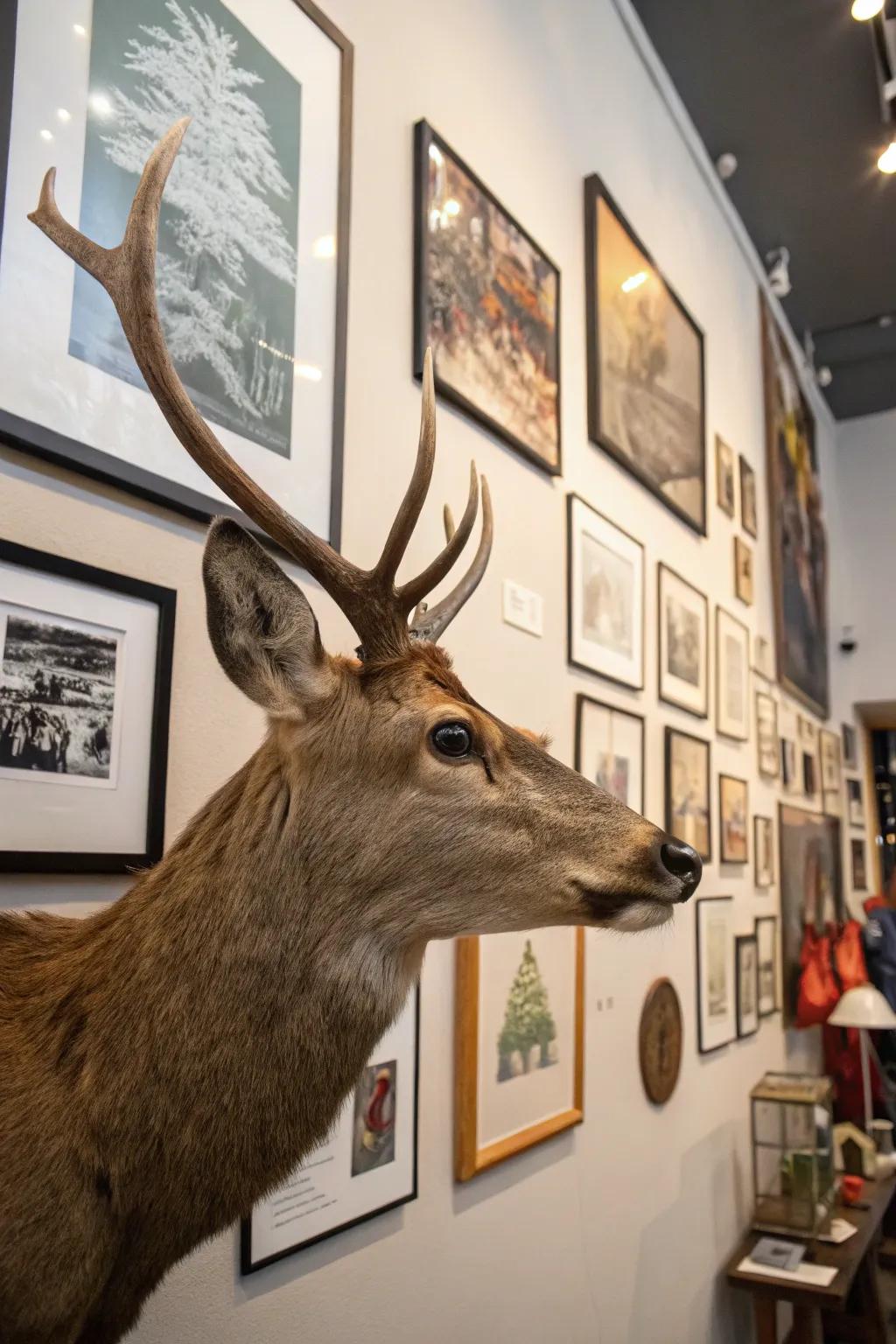 An animal head integrated into a personalized gallery wall.