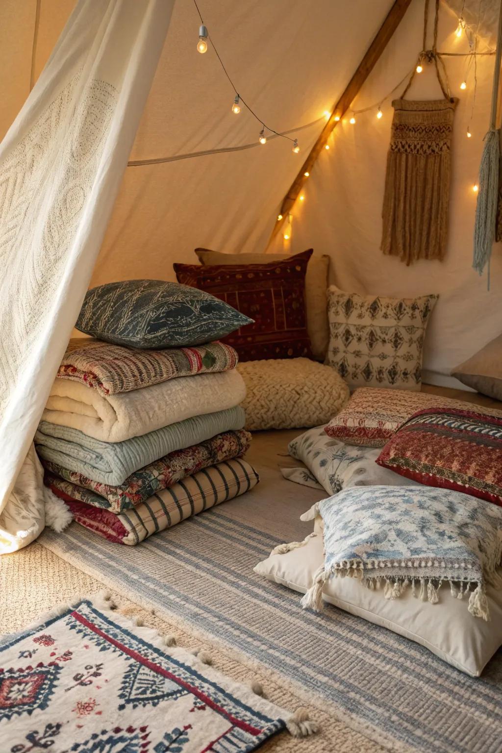 A den featuring layered rugs and a variety of cozy textiles.