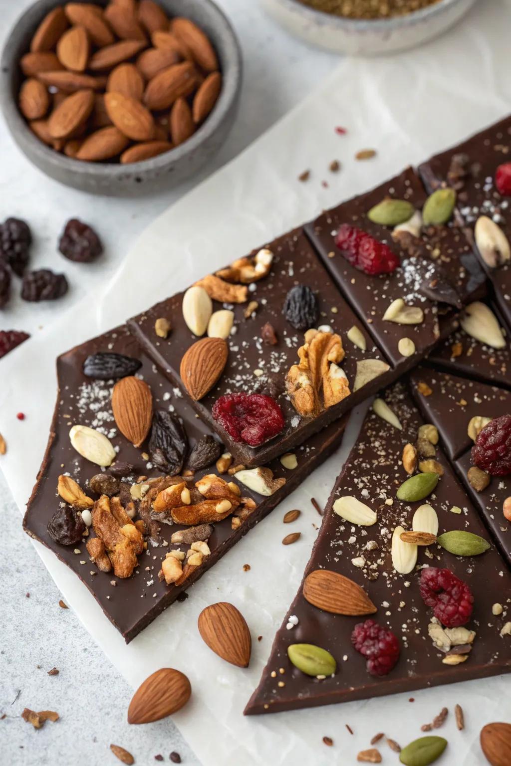 Chocolate slab with nuts, seeds, and dried fruits arranged in a desert-inspired pattern.