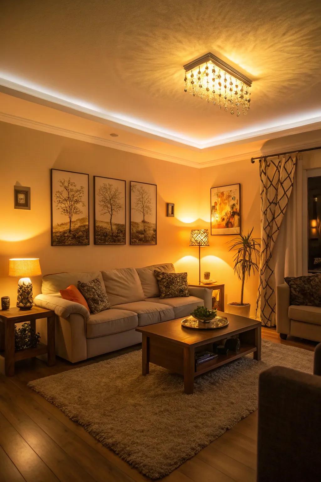 A room transformed by progressive lighting that crafts a cozy radiance.