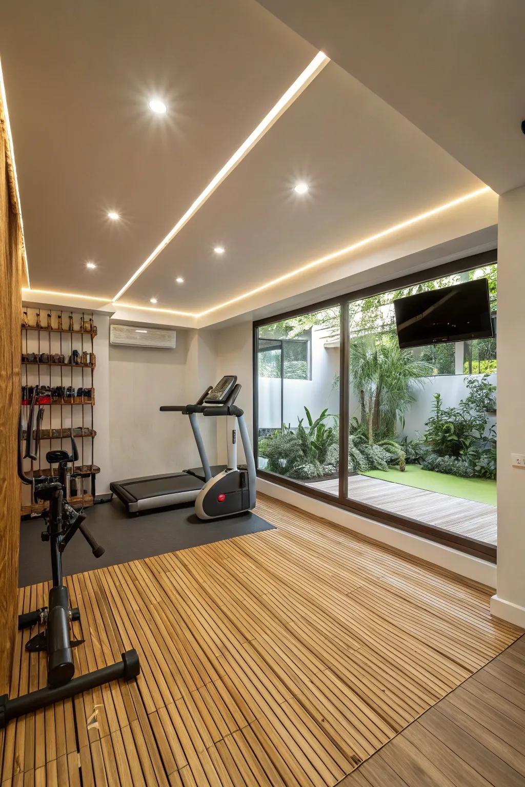 An earth-friendly home gym featuring lasting materials and energy-saving lights.