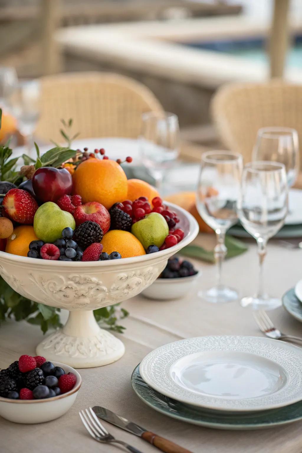 A dining table centered by a bowl overflowing with vibrant fresh fruit.