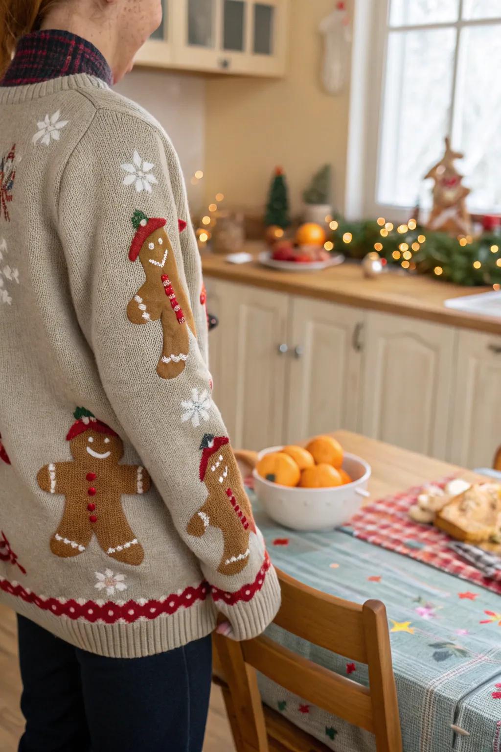 Cookie men add mischief to this holiday sweater.