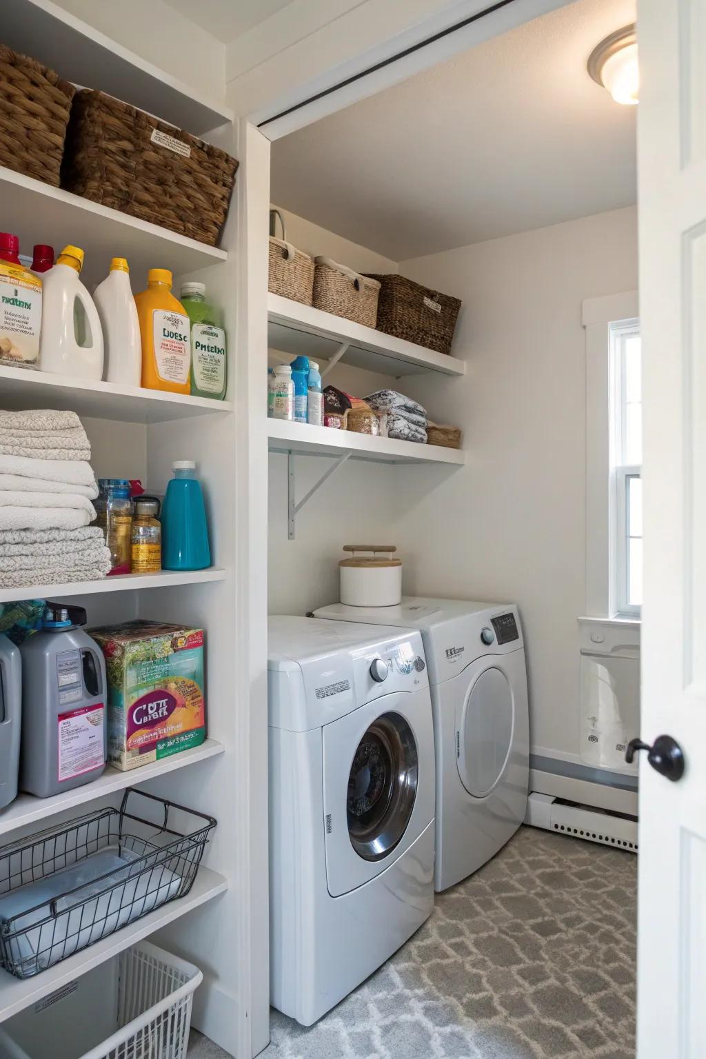 Corner shelves efficiently use space in any laundry area.
