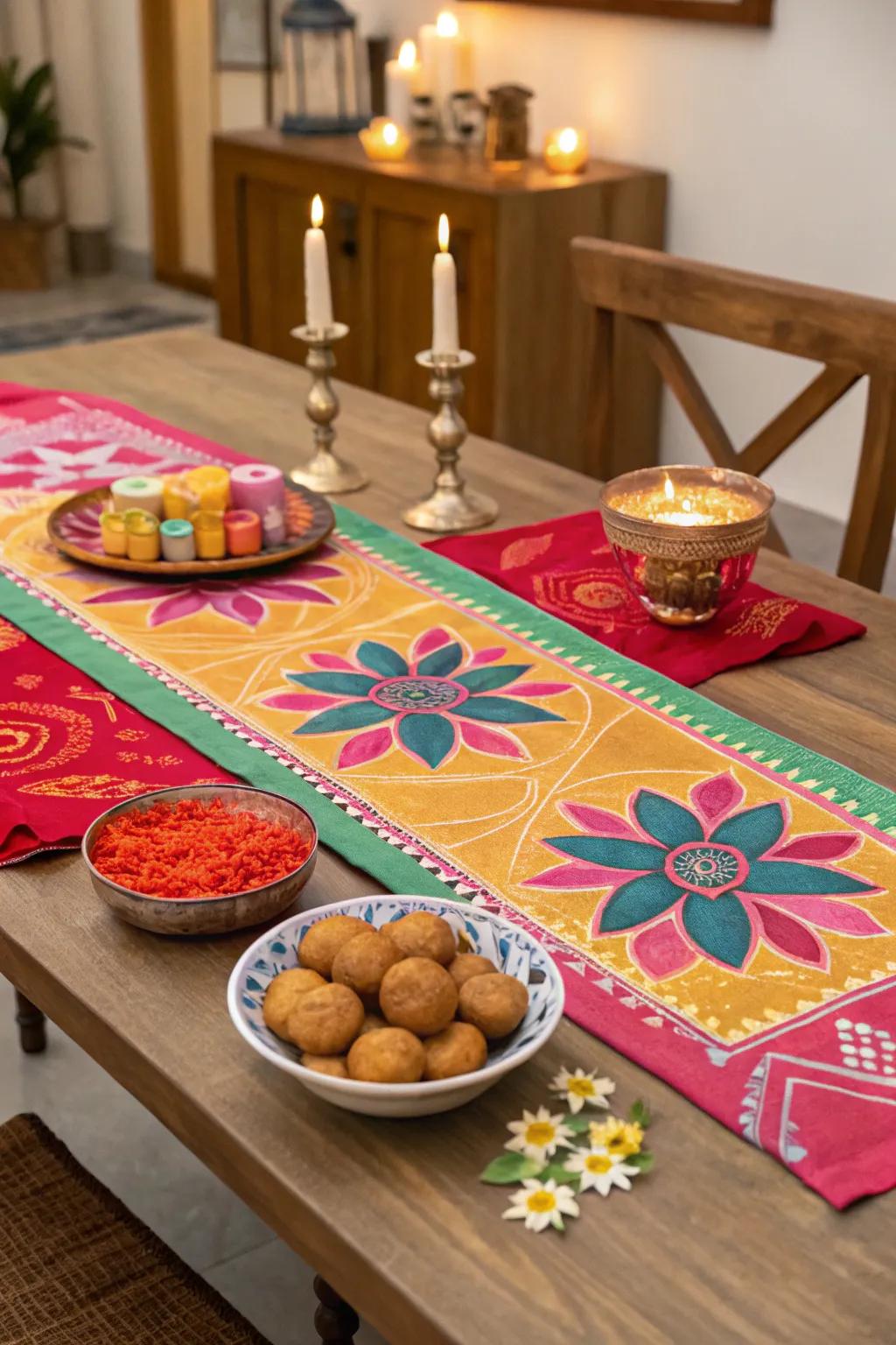 A vibrant table overlay adds a festive touch.