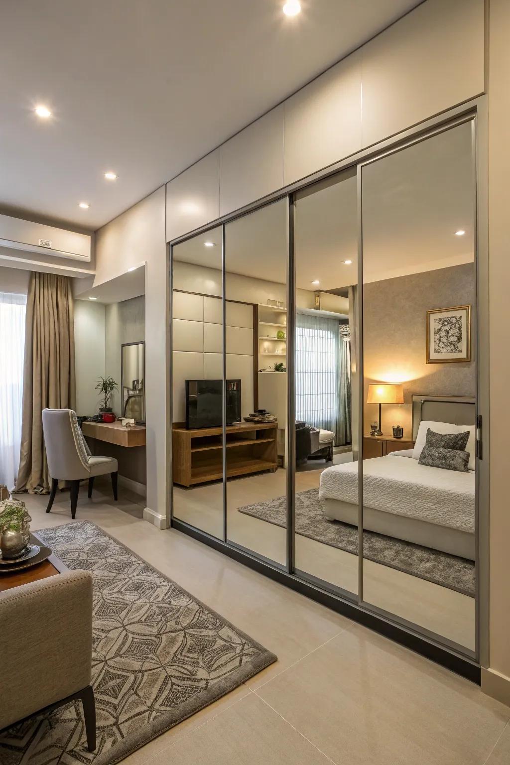 Mirrored doors create an illusion of expanded space in this elegant studio apartment.