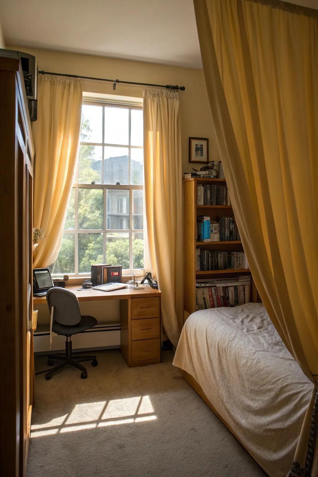 Curtains enhance privacy and style in a dorm room.