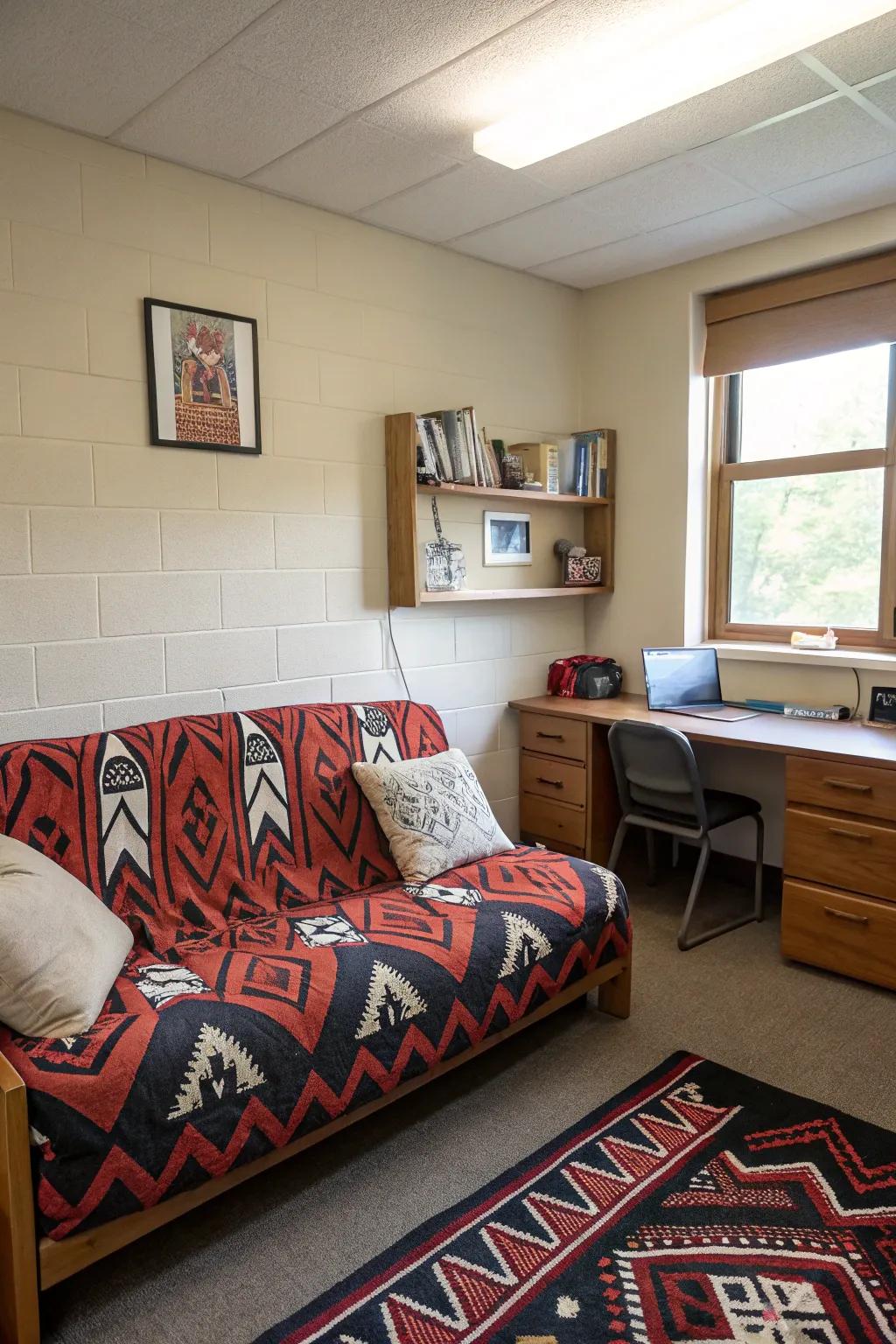 Bold patterns on this sofa add a fun element to the dorm room.