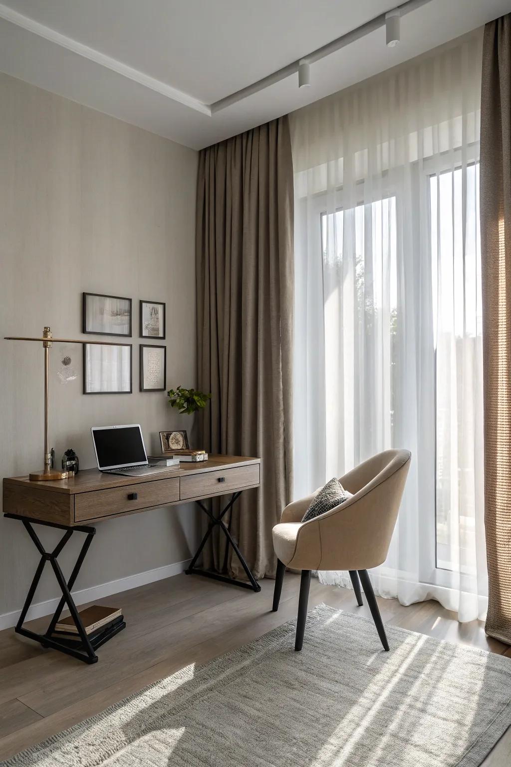 Neutral double curtains create a serene, sophisticated atmosphere in this home office.