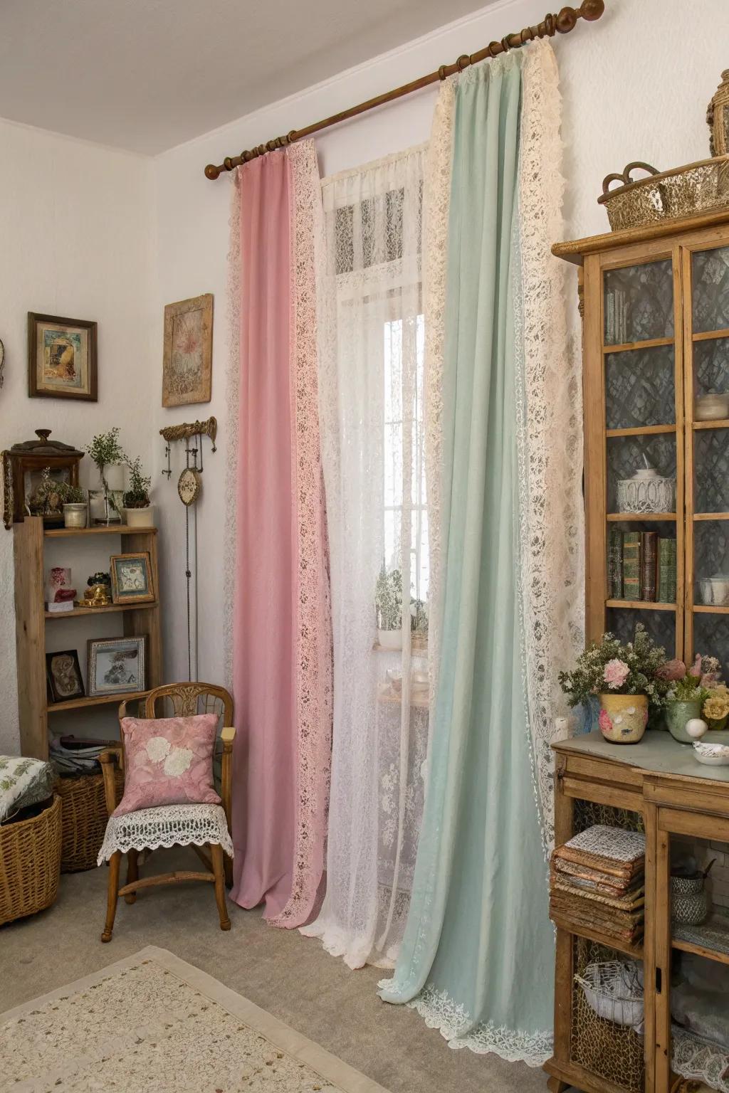 Detailed fabrics and plush drapes evoke vintage charm.