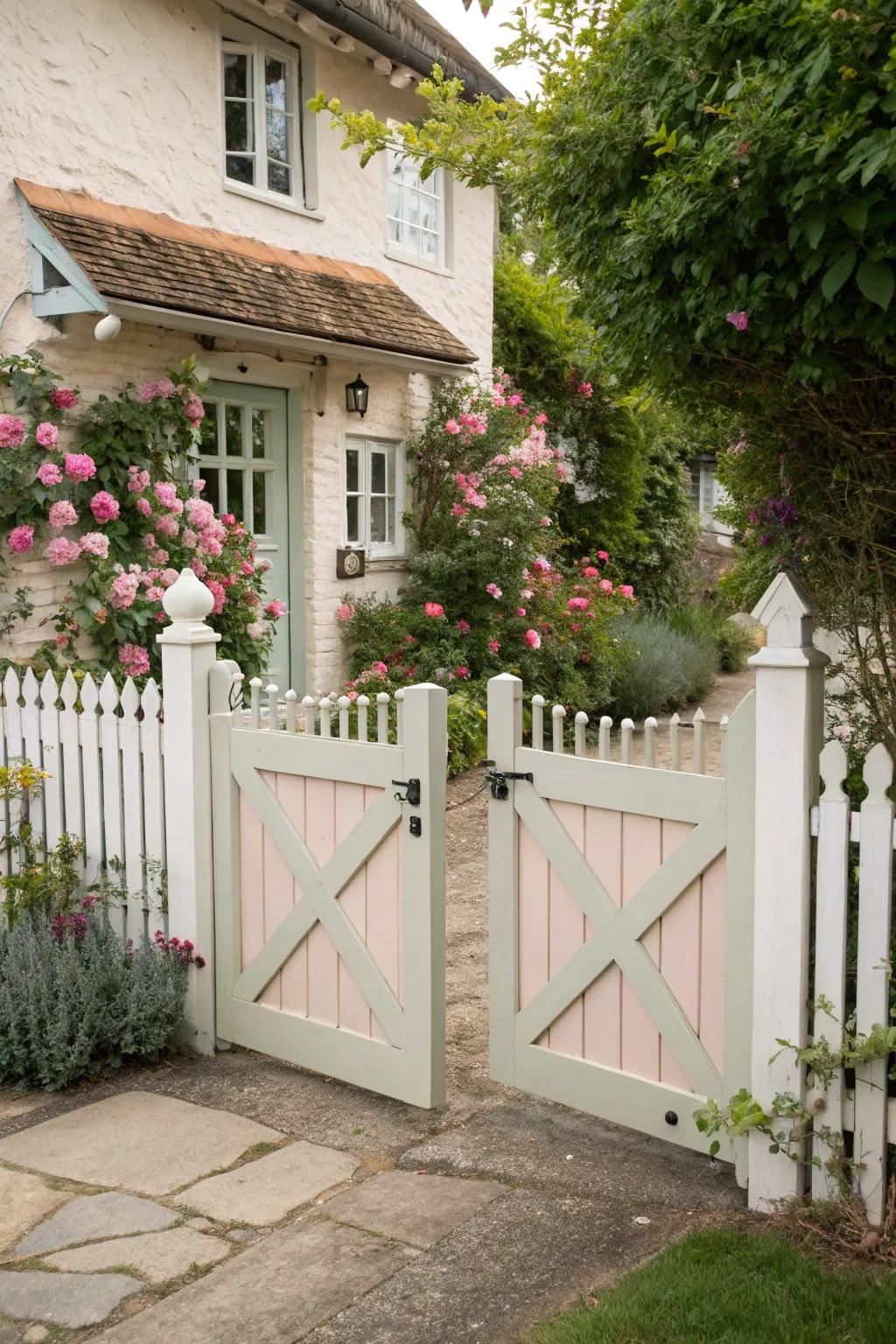A pastel-painted gate delivering a welcoming rural charm.