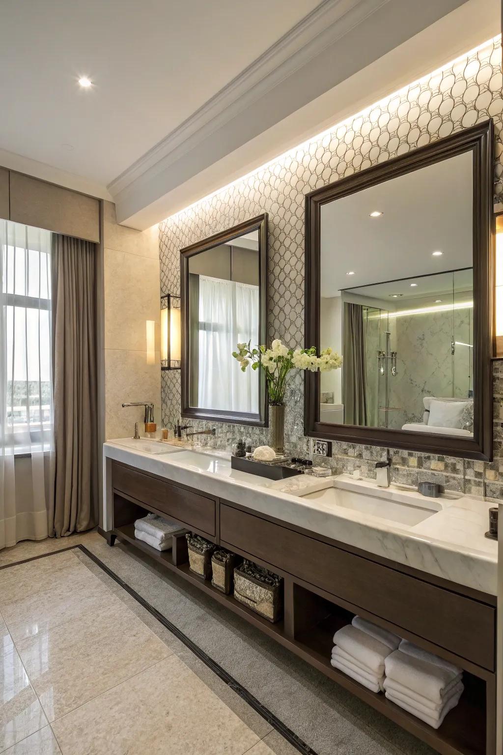 Enlarged mirrors enhance visibility and space.