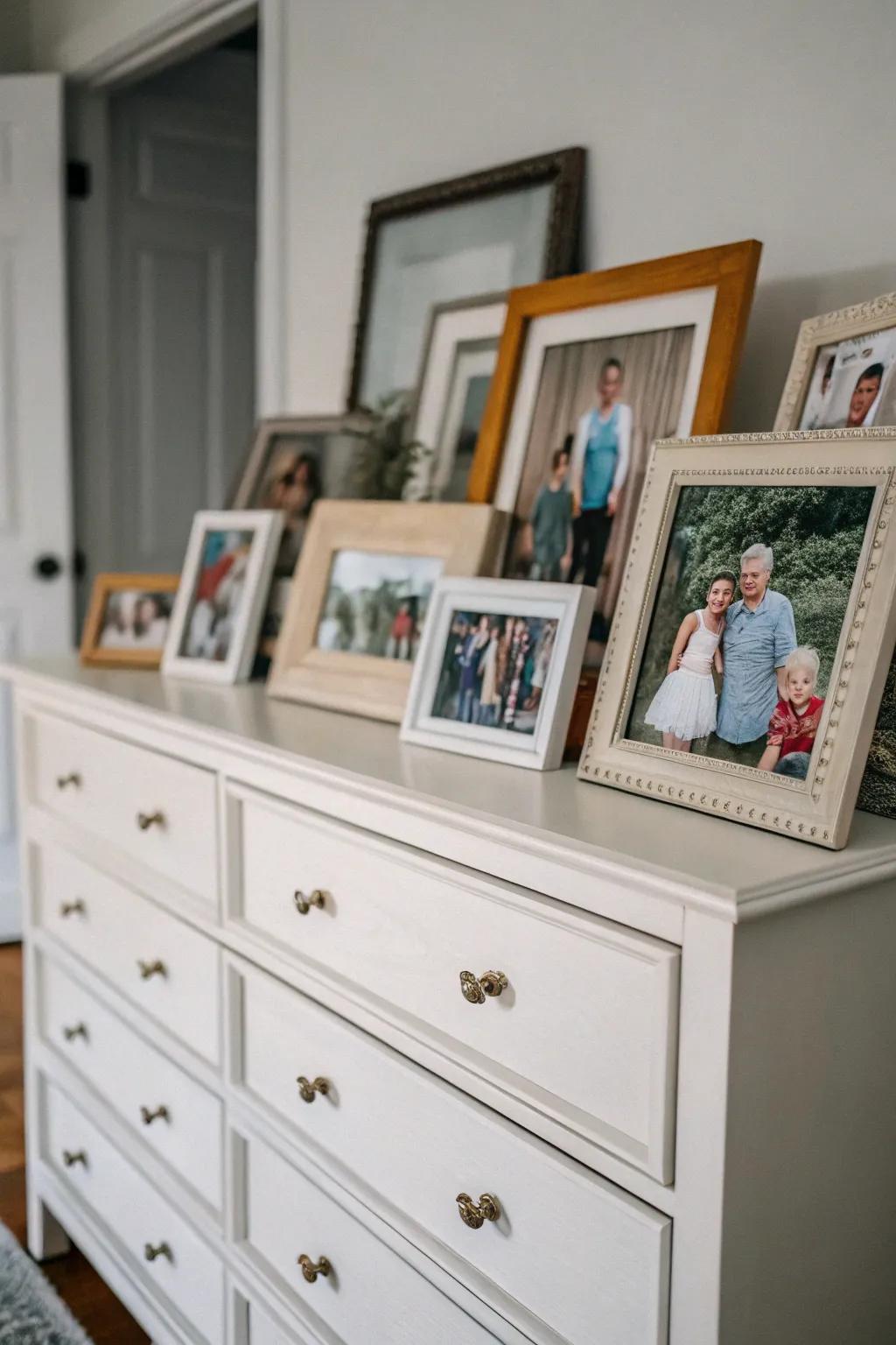 Framed photos create a personal display on your dresser.