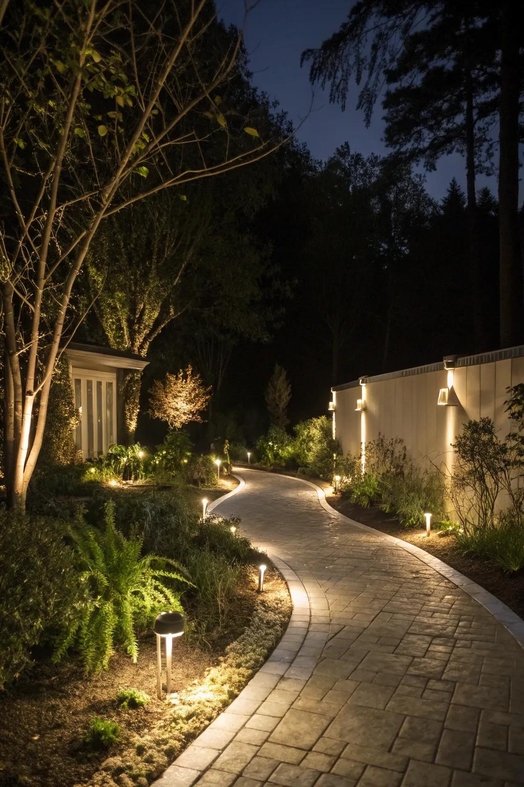 Driveway lighting makes a warm, inviting atmosphere.
