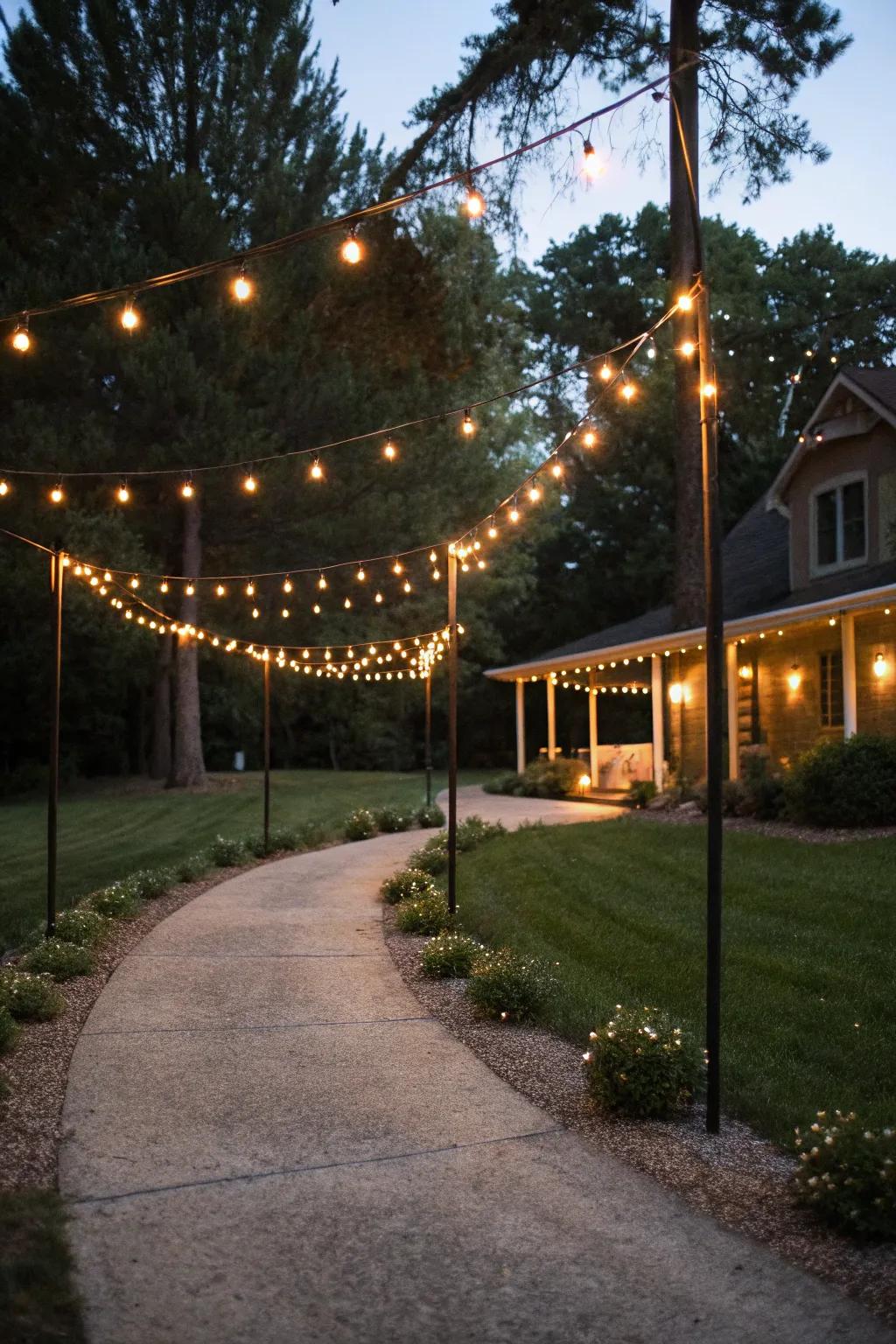 Festive string lights creating a magical driveway ambiance.