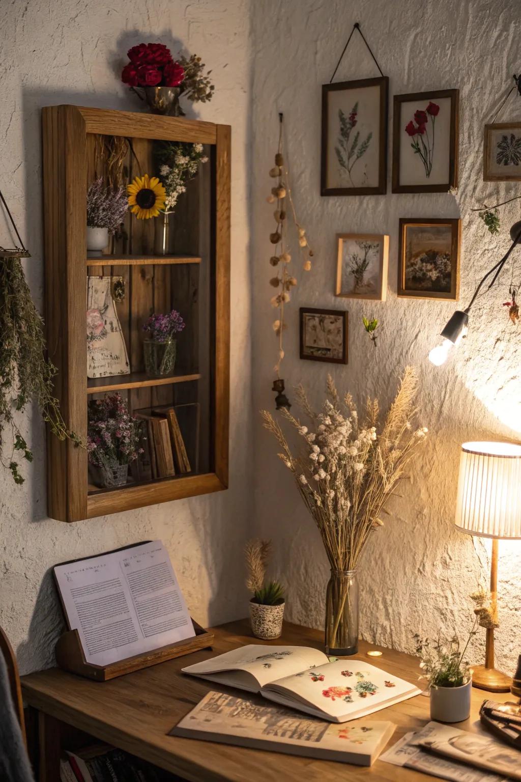 An individual story told through preserved botanicals inside a enclosed display.