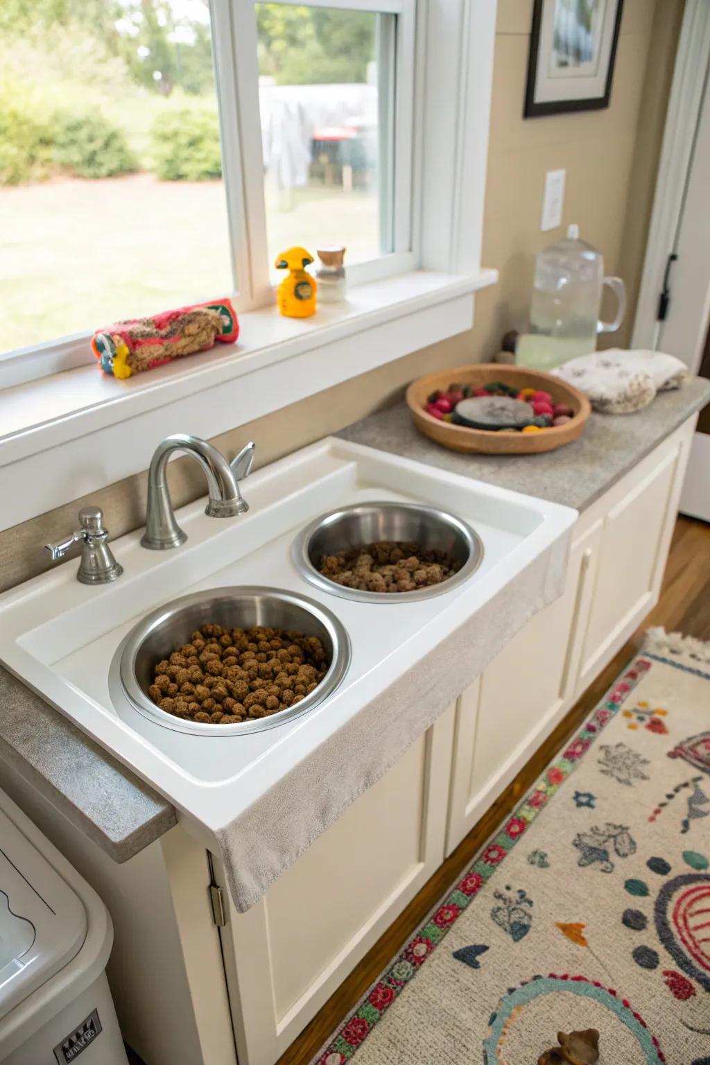 A utility basin changed into a dedicated pet feeding space.