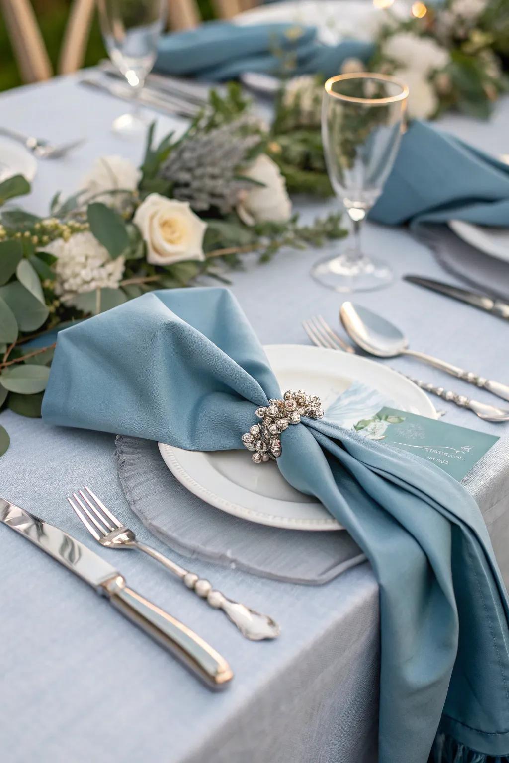 A refined table setting featuring sky blue wipes that enhance the dining experience.