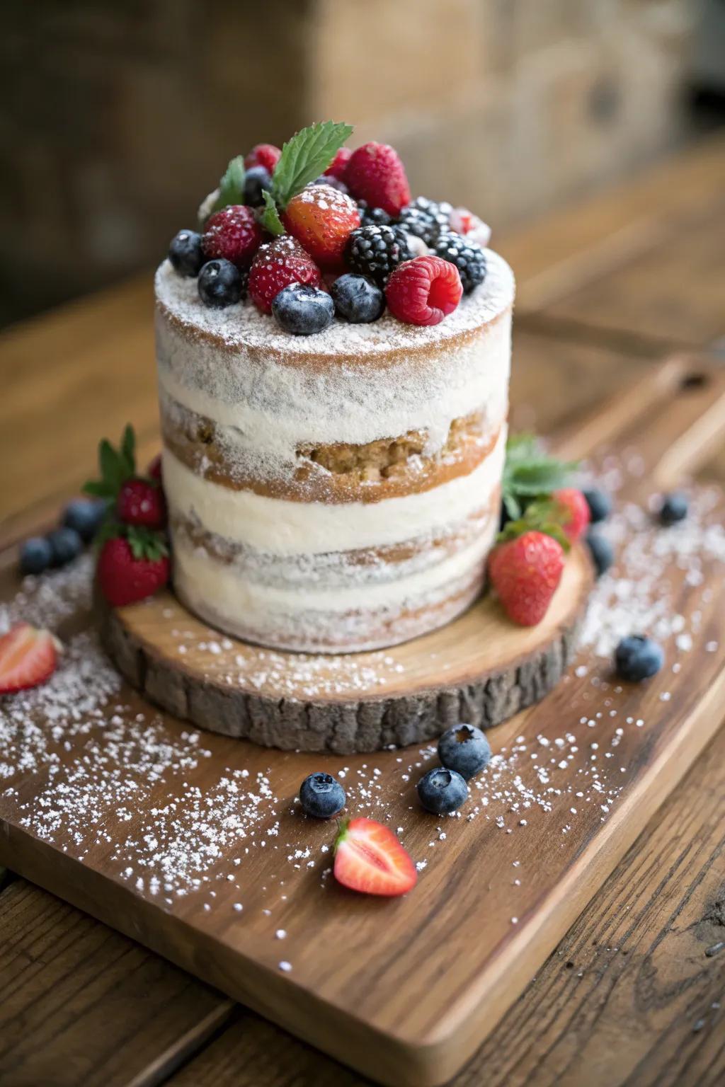 A rustic naked cake with fresh berries for Easter.